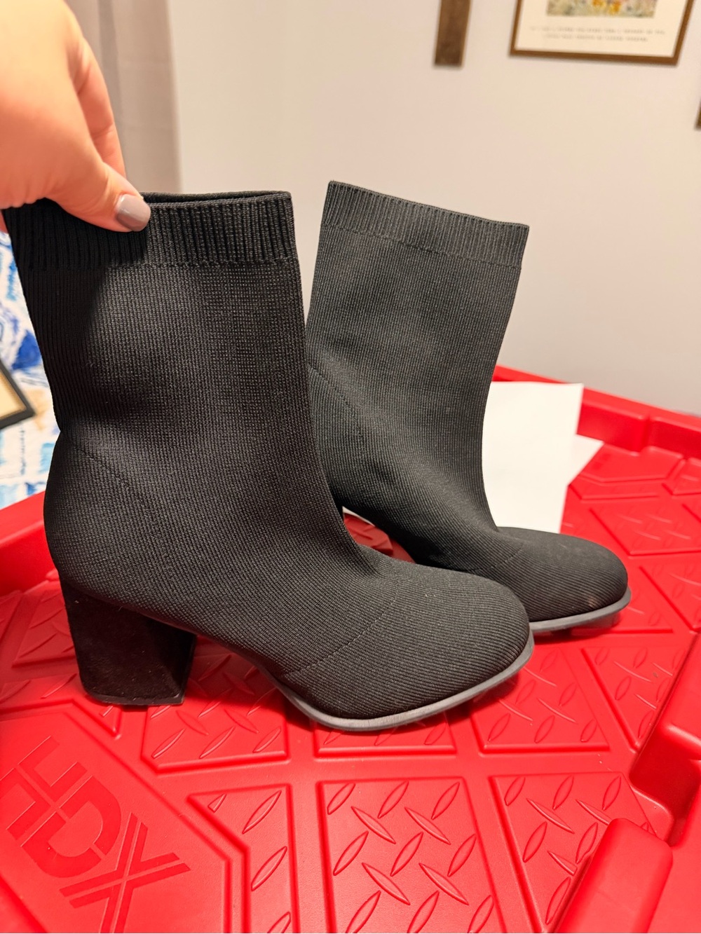 Women’s Black Knit Sock Boot with Block Heel